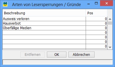 Verwaltung der Sperrgr�nde f�r Leser