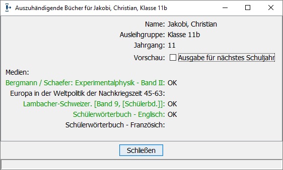 Auszuh�ndigende B�cher f�r den Sch�ler